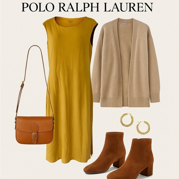 Polo Ralph Lauren Tan Midi Dress Size Large | Classic Minimal Chic Workwear - Picture 1 of 4